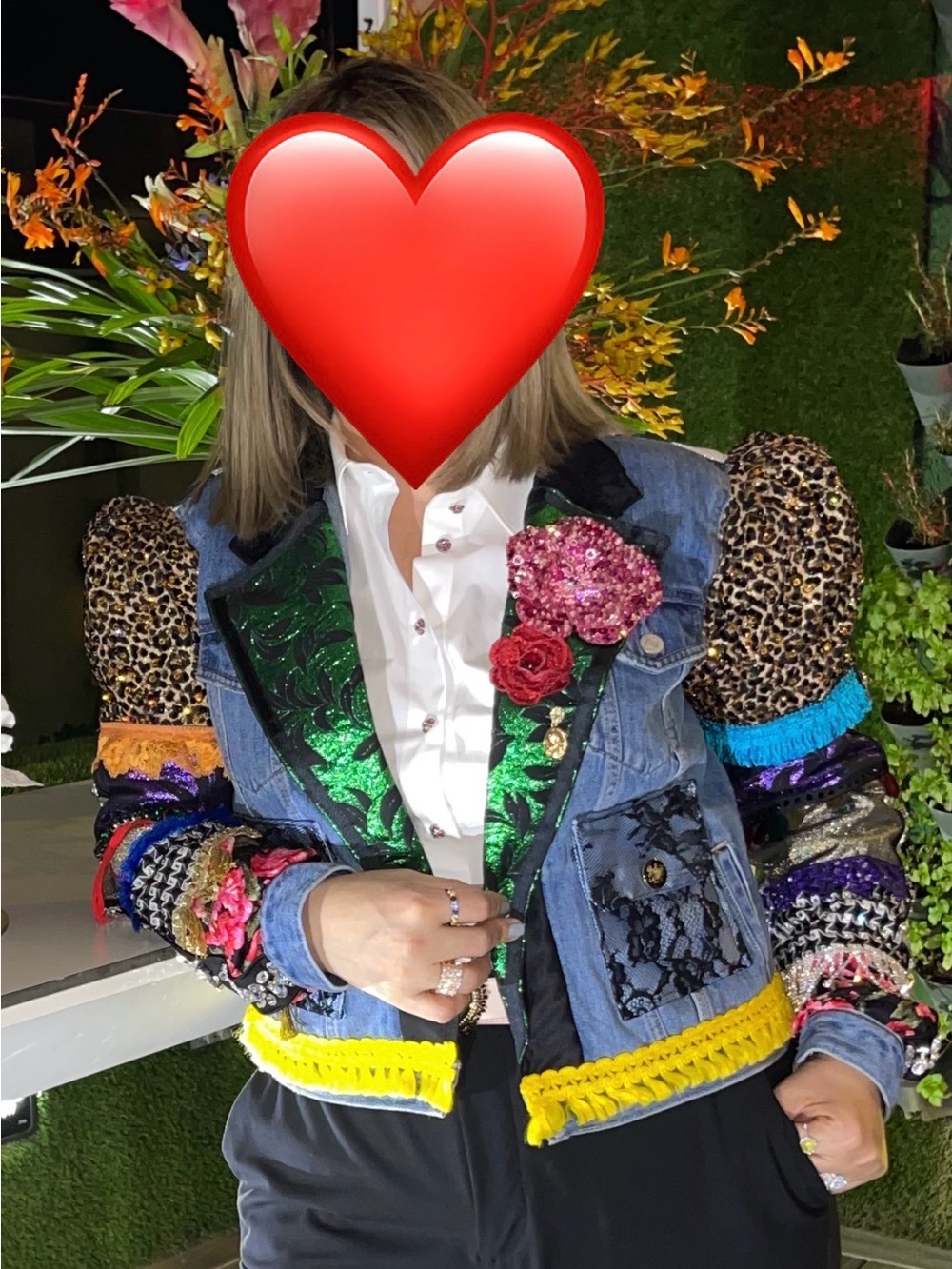 Embellished Mixed-Media Denim Jacket - Multicolor Swarovski Cristal